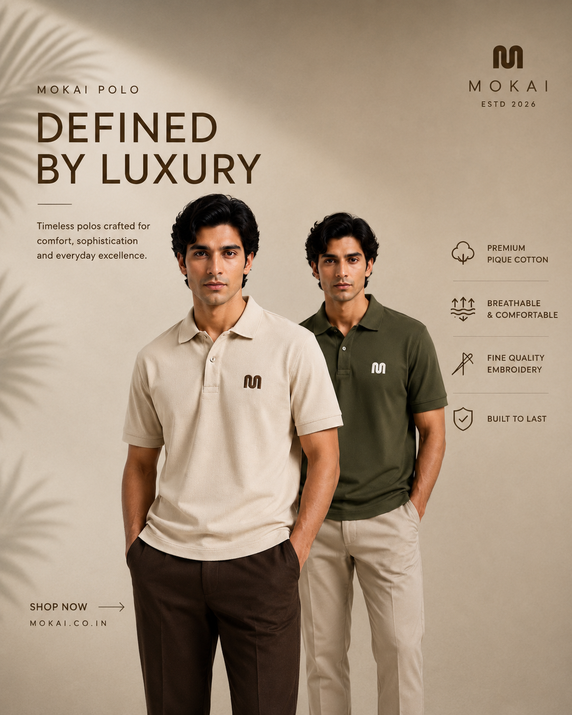 Mokai Polo — Defined by Luxury, beige and olive polos