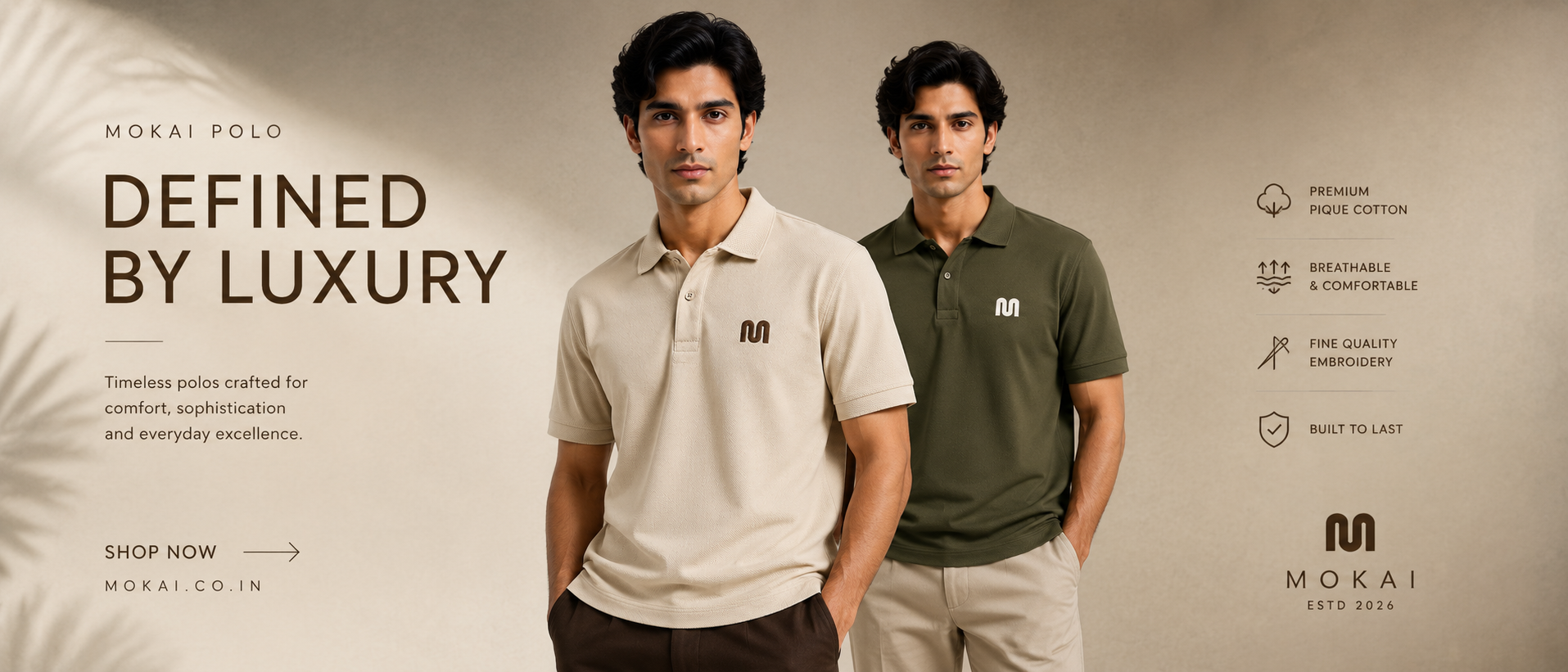 Mokai Polo — Defined by Luxury, beige and olive polos